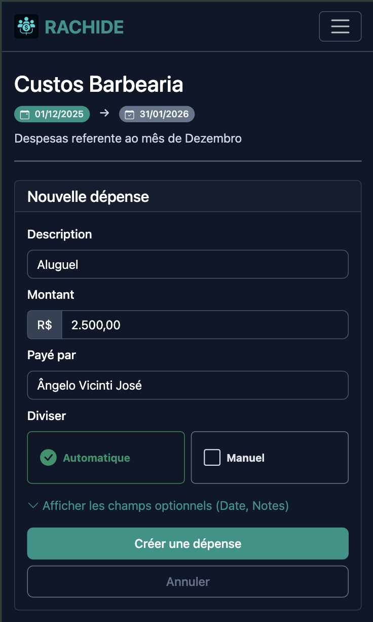 Capture d'écran d'ajout de dépense