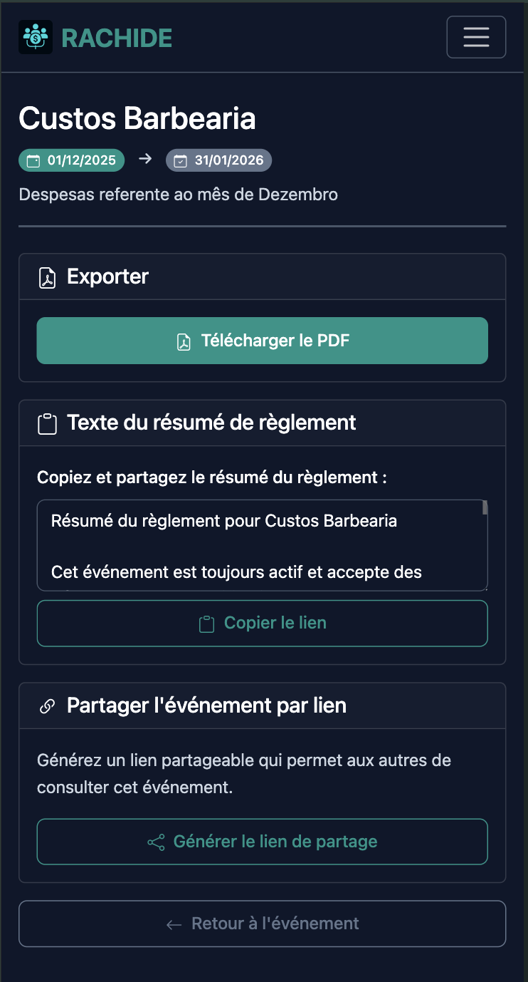Capture d'écran de partage d'événement